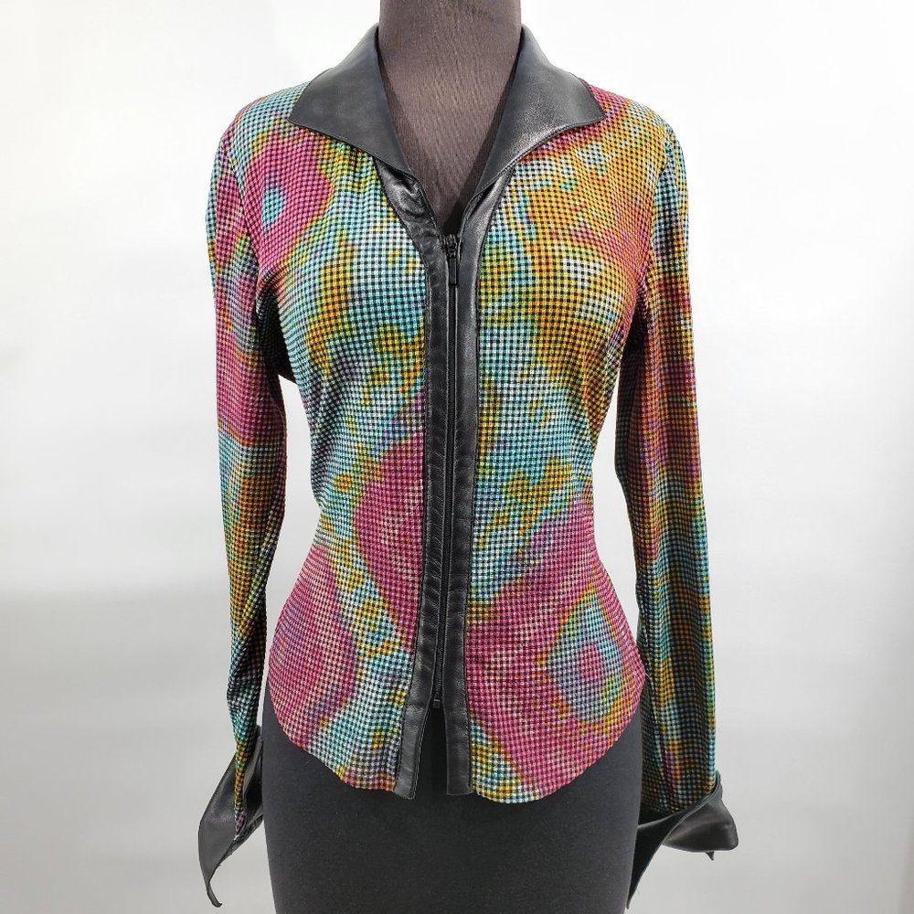 Women Stretch Blouse with Leather Collar and cuffs